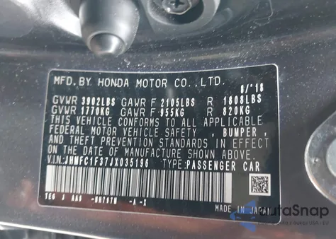 2018 Honda Civic Ex-T from USA, damaged, VIN JHMFC1F37JX035196